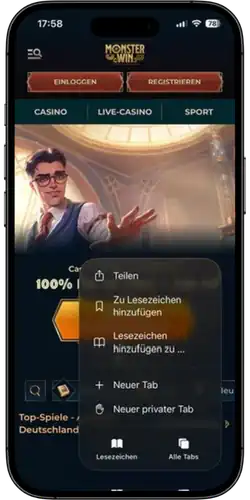 MonsterWin App – Offizielle Website besuchen und auf Teilen klicken