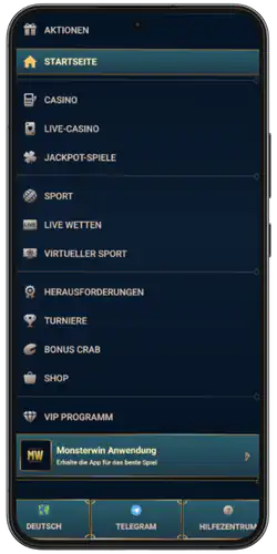 MonsterWin App – Offizielle Website besuchen und Download-Button im Menü finden