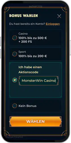 Wahlen Sie die Aktivierung des Aktionscodes Monster Win bonus